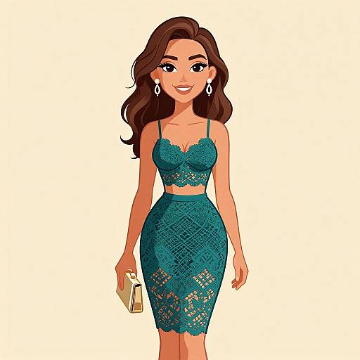 Elegant Woman in Teal Lace Outfit