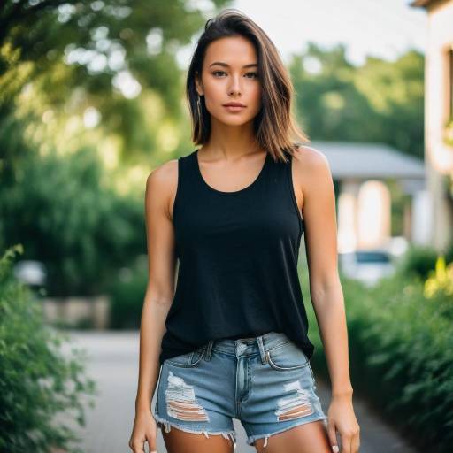 Young Woman in Black Tank Top and Denim Shorts