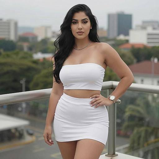 Curvy Woman on Balcony in White Outfit