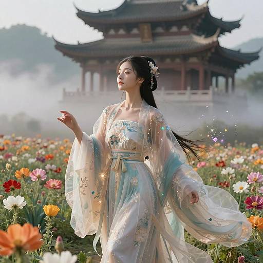 Ethereal Hanfu Beauty Amid Flower Fields