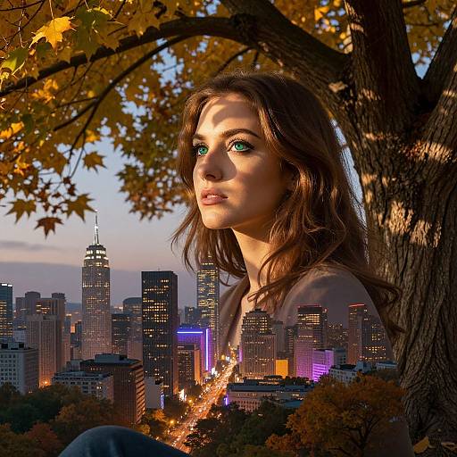 Photograph-like digital artwork of a woman with green eyes, brown hair, and fair skin, sitting under an autumn tree, gazing at a city