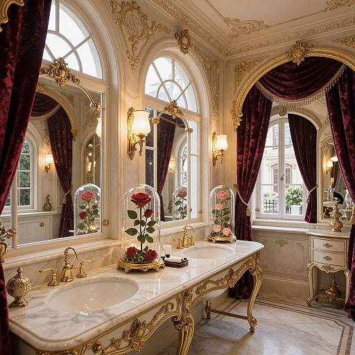 Luxurious bathroom with ornate gold detailing, white marble countertops, arched windows, deep red velvet curtains, and glass-domed rose displays.