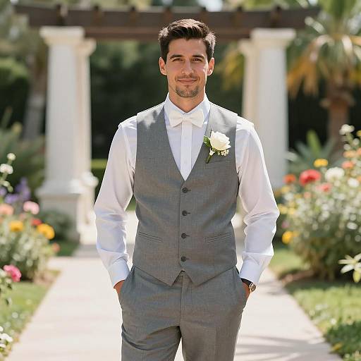 Groom in Grey Vest at Garden Wedding