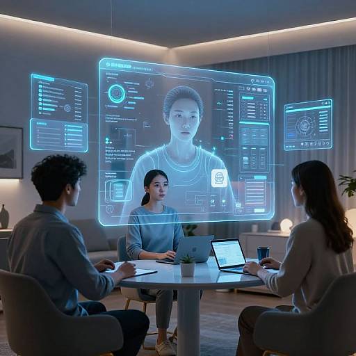 Photograph of three people in a modern room, focusing on a holographic interface projecting a woman's face and technical data.