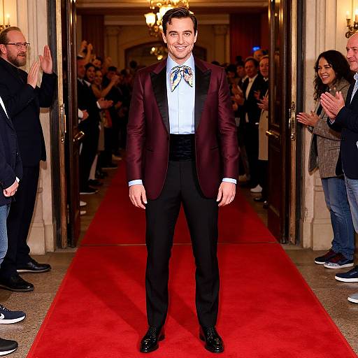 Photograph of a smiling man in a dark burgundy suit, white shirt, and blue bow tie, standing on a red carpet, with a crowd