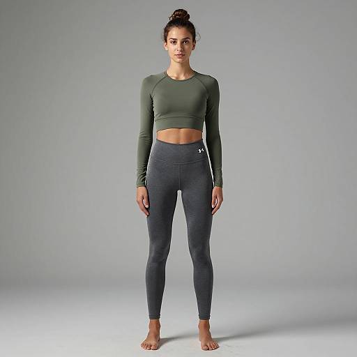 Fit Woman in Olive Green Crop Top and Grey Leggings