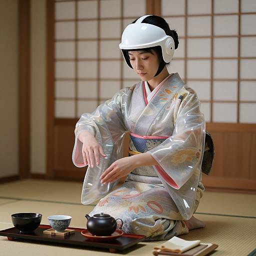 Photograph of a Japanese woman in a transparent floral kimono and white helmet, kneeling on tatami mat, preparing tea in traditional room with shoji