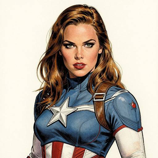 Digital comic-style illustration of a fierce woman with long brown hair, wearing a blue and white Star-Spangled Captain America suit, looking directly at the