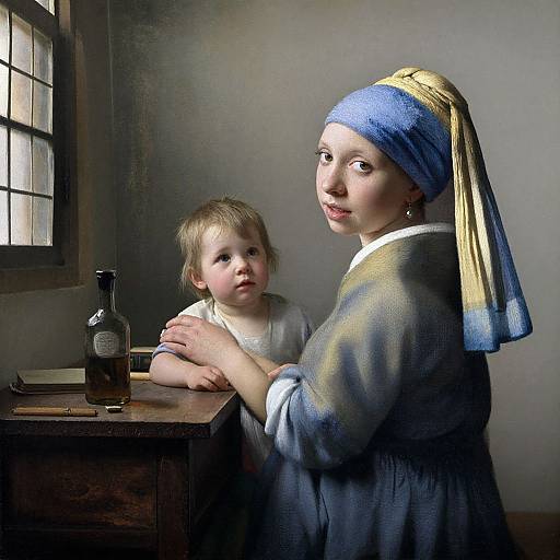 Photorealistic digital painting of a 17th-century woman in blue dress and headscarf, standing beside a young boy at a wooden table with