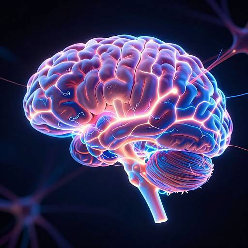 Neon-lit, glowing 3D CGI of a human brain, showcasing vibrant blue, pink, and white lights against a black background.