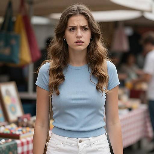 Concerned Young Woman at Outdoor Market