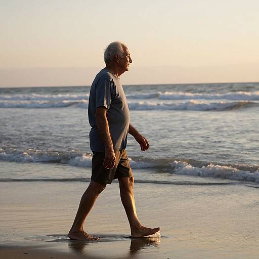Photograph of an elderly white man with white hair, wearing a blue shirt, dark shorts, and sunglasses, walking barefoot on a beach at sunset