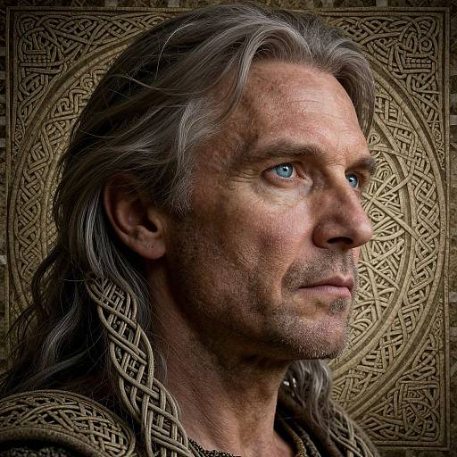 Photograph of a middle-aged man with long gray hair, blue eyes, and a serious expression, against an intricately patterned, golden background.