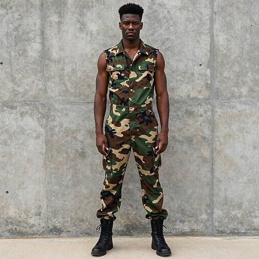 Photograph of a muscular Black man with short curly hair, wearing a sleeveless camouflage jumpsuit and black boots, standing against a textured concrete wall.