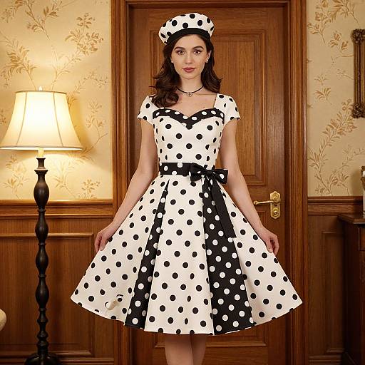 Photograph of a woman in a vintage-style, white polka dot dress with black accents, black bow belt, and matching hat, standing in a