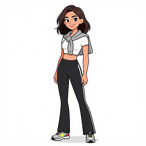 Digital anime-style drawing of a smiling young woman with dark brown hair, wearing a white crop top, black high-waisted pants, and colorful sneakers