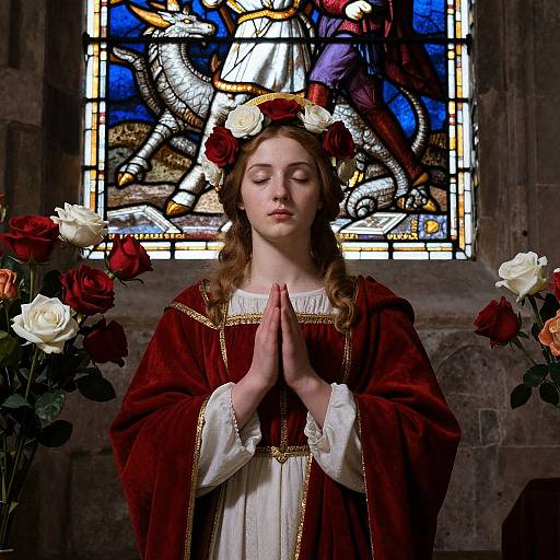 Photograph of a young white woman with brown hair, wearing a red velvet robe and flower crown, praying with hands together, in front of a colorful