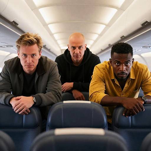 Three Men Leaning Forward Inside Airplane Cabin
