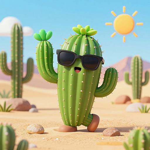 Cartoon cactus with green spines, black sunglasses, and green cactus flowers, raising one arm and smiling, set in a sunny desert with