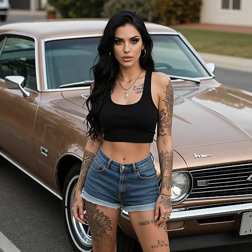 Photograph of a tattooed woman with long black hair, wearing a black crop top and denim shorts, standing in front of a brown vintage car.
