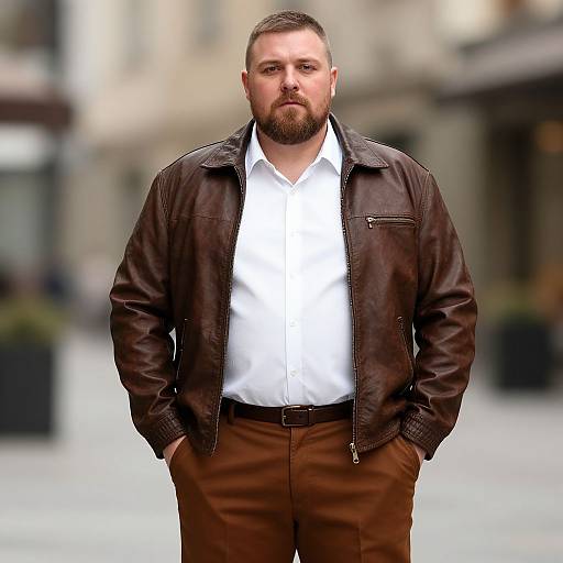 Photograph of a bearded, muscular man with short brown hair, wearing a brown leather jacket, white shirt, and brown pants, standing confidently in