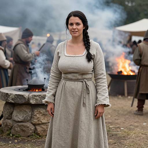 Photograph of a fair-skinned woman with long black hair in a braided ponytail, wearing a beige, long-sleeved, medieval-style