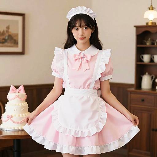 Woman in Pink Maid Outfit with Cake