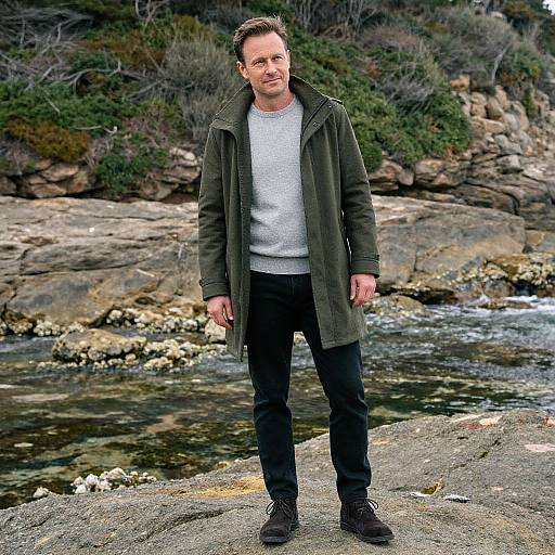 Photograph of a middle-aged man with short brown hair, wearing a green coat, gray sweater, black pants, and brown shoes, standing on rocky