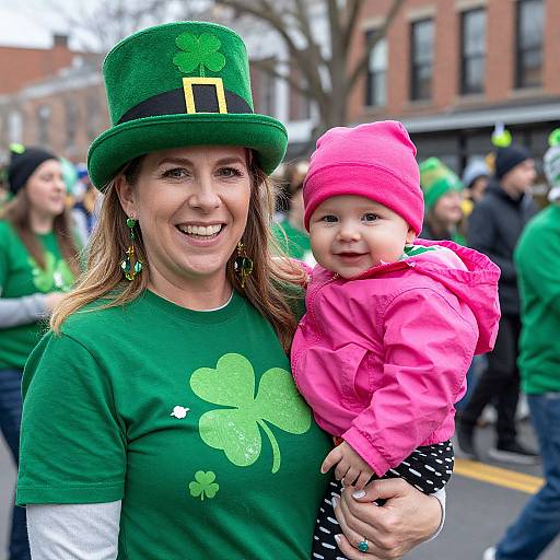 Photograph of a smiling woman in a green shamrock shirt and hat, holding a baby in a pink coat and hat, at a St. Patrick