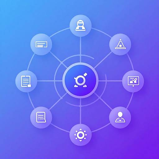 Digital network diagram with white icons: user, documents, triangle, pie chart, graph, and circle on a gradient blue background.