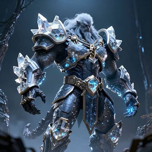 CGI image of a muscular, bearded, blue-skinned warrior in glowing, ice-like silver armor with blue accents, standing in a dark,