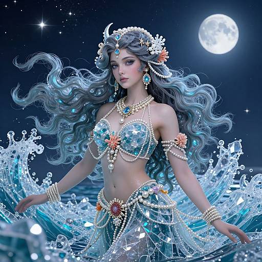 Digital art of a mermaid with long blue hair, wearing a sparkling silver top and pearl jewelry, standing in shimmering ocean water under a full moon