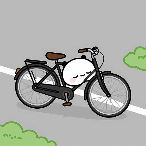 Cartoon-style drawing of a black bicycle with a white, smiling face replacing the front wheel, set against a light blue background with green bushes.