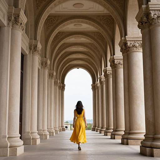 Photograph of a woman in a flowing yellow dress walking through an ornate, colonnaded corridor with intricate arches and columns.