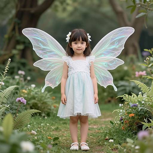 Photograph of a young Asian girl with black hair, wearing a white dress, fairy wings, flower hair clip, and white shoes, standing in a
