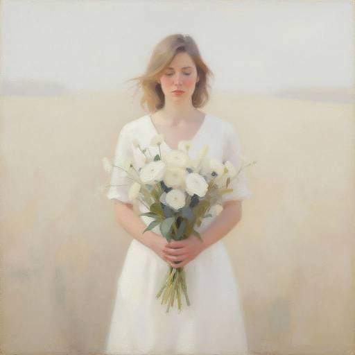Woman Holding Bouquet in Soft Beige Field