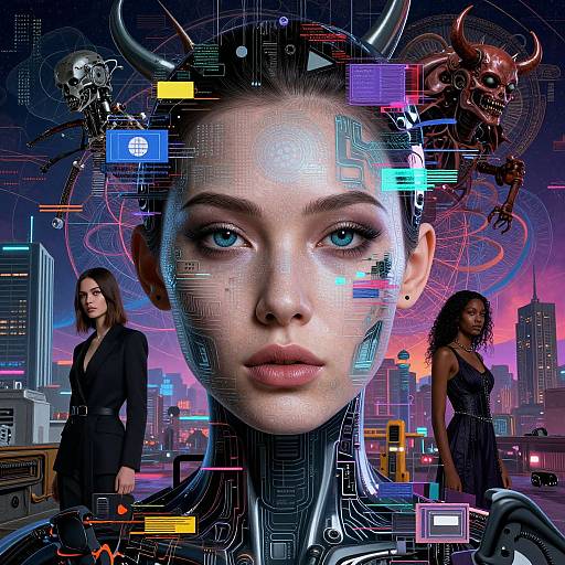 Digital artwork of a cyberpunk cityscape featuring a central, pixelated, blue-eyed woman with horns, surrounded by two women in black outfits, futuristic