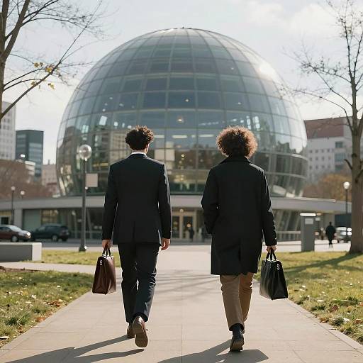 Two Professionals Walking Towards Spherical Glass Building