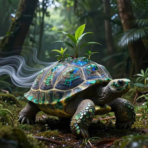 Digital artwork of a vibrant, iridescent turtle with green plant sprouts on its shell, emitting ethereal blue and green light, in a dense