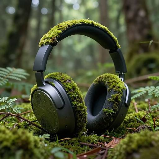 Photograph of black headphones with moss covering the headband and ear cups, lying on a forest floor with blurred greenery background.