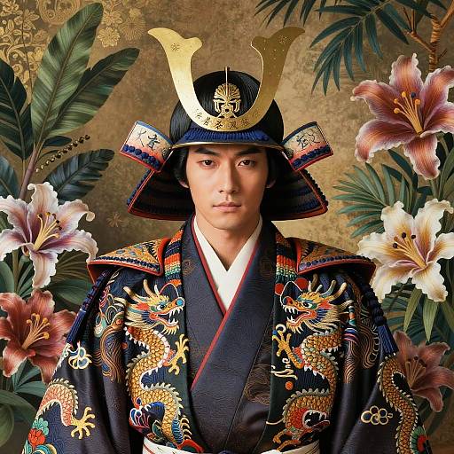Photorealistic portrait of an Asian samurai in traditional armor with vibrant dragon embroidery, surrounded by large, detailed lilies and tropical leaves.