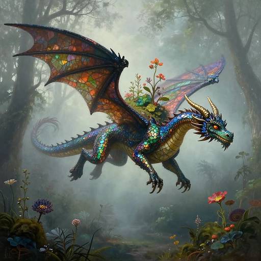 Digital fantasy artwork of a vibrant, iridescent dragon with multicolored scales, glowing wings, and horns, flying through a misty, enchanted