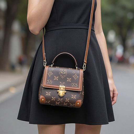 Photograph of a woman wearing a black, sleeveless, knee-length dress, holding a brown, Louis Vuitton, crossbody purse with gold