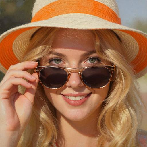 Blonde woman with wavy hair, wearing a white and orange sunhat, adjusting brown aviator sunglasses, smiling, against a sunny outdoor background.