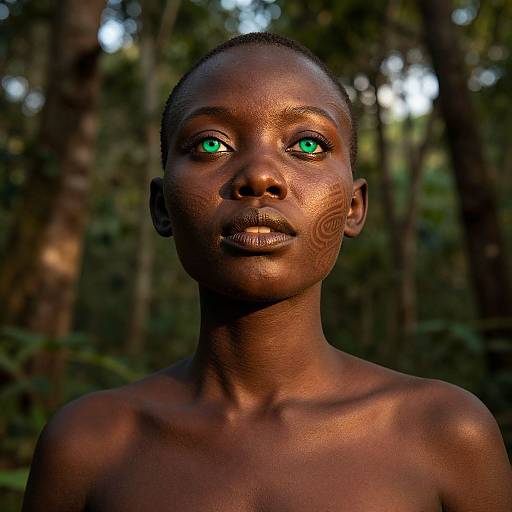 Photograph of a topless young African boy with dark skin and striking green eyes, standing in a forest, with tribal-style facial markings. Sunlight