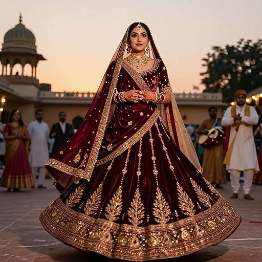 Photograph of an Indian bride in a dark red, gold-embroidered lehenga, standing gracefully in an outdoor courtyard at sunset, surrounded by