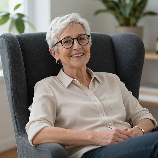 Photograph of an elderly white woman with short gray hair, black glasses, and a beige button-up shirt, smiling while seated in a dark blue arm