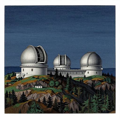 Digital illustration of three telescope domes on a hill, surrounded by dark green pine trees and a blue night sky.