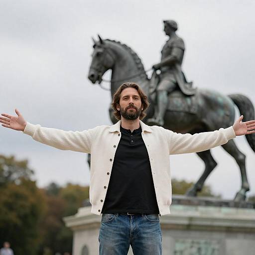 Man Posing Before Equestrian Statue