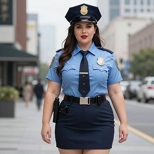 Photograph of a confident Asian woman in a light blue police uniform, black skirt, and cap, standing on a city street.